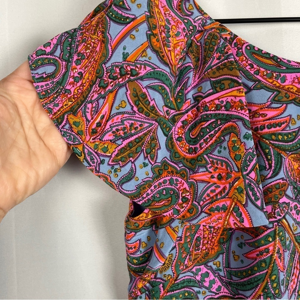 J. CREW Pink Blue Paisley 100% Silk Cap Flutter Sleeve Mini Dress Size 2 Petite - Picture 9 of 14